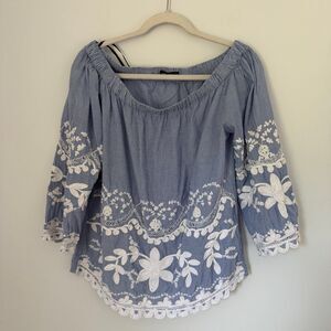 BLANKNYC Blue White Striped Off The Shoulder Top Floral Embroidered Eyelet Boho
